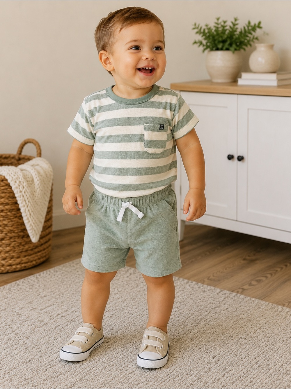 NWT Modern Moments by Gerber Baby Boy Terry Shirt & Shorts Set Sage Stripe 18mn